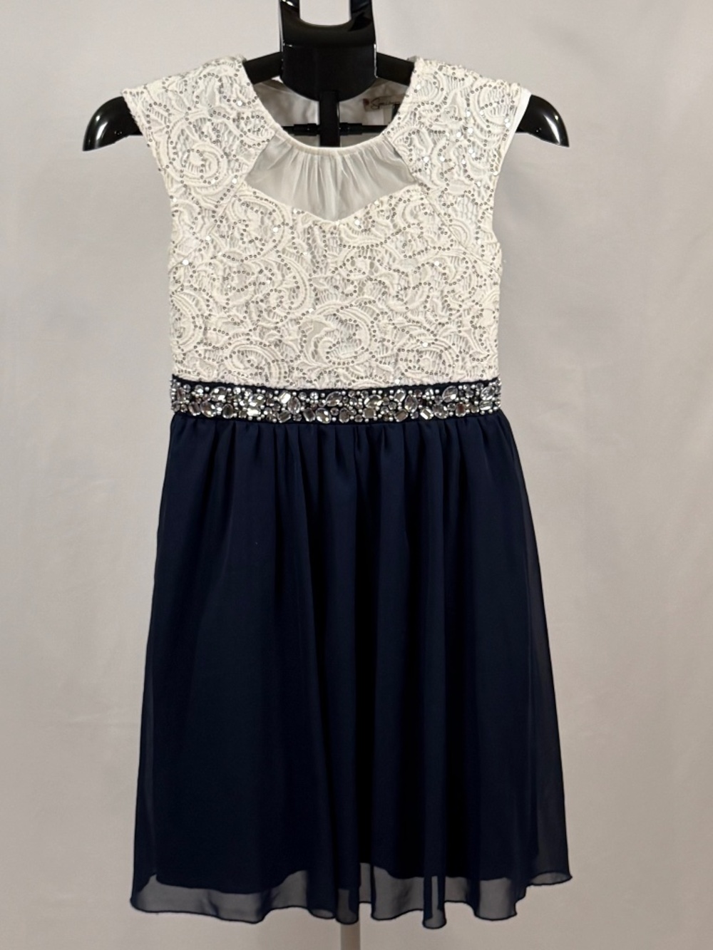 Girls Size 14 Formal Dress Navy Ivory Lace Sequin Beaded Waist Chiffon Party